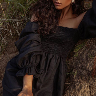 Black linen midi dress details