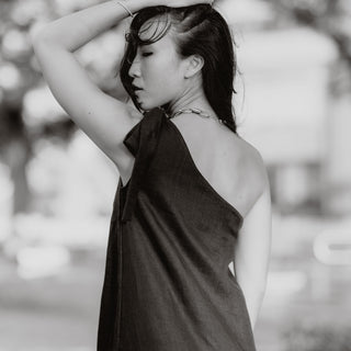 Back view linen one shoulder maxi dress