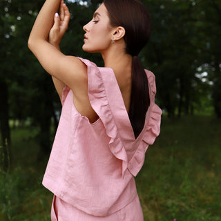 Back view linen frilled top in dusty pink