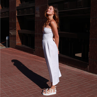 Side view white linen summer tube dress