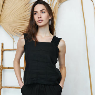 Black linen tank top with wide straps