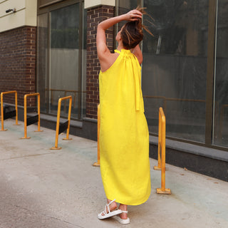 Back view yellow linen sleeveless maxi dress