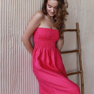 Details linen tube dress in fuchsia