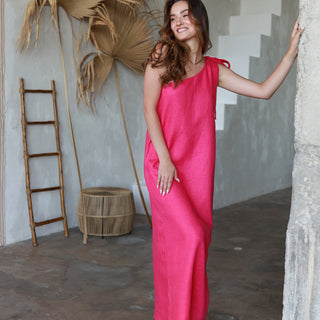 Fuchsia linen one shoulder maxi dress