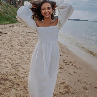 White linen off the shoulder summer dress