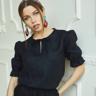 Black linen top with puffed sleeves